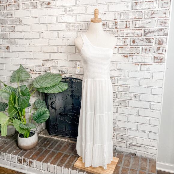 BECCA Dresses & Skirts - Becca One Shoulder Smocked Midi Dress Boho Swim Cover White M